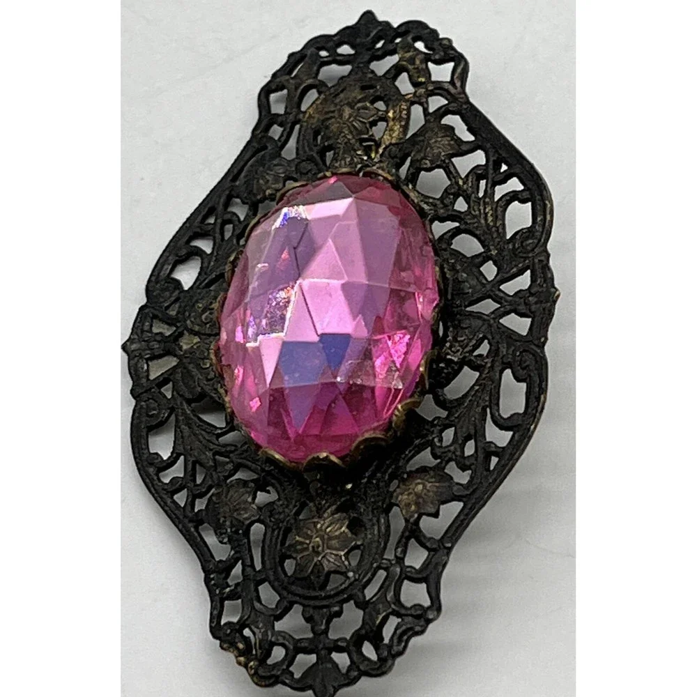 Old Metal Brooch Pin with Pink Glass Gem Brooch Is 3” X 2” , Gem Is 1” Long - Picture 3 of 10